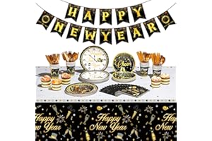 Funrous Happy New Year Party Supplies Tableware Set Serves 24 Guests Including New Year Plates Cups Napkins Forks Knives Spoons Tablecloth and Celebration Banner for Black and Gold Party Decoration