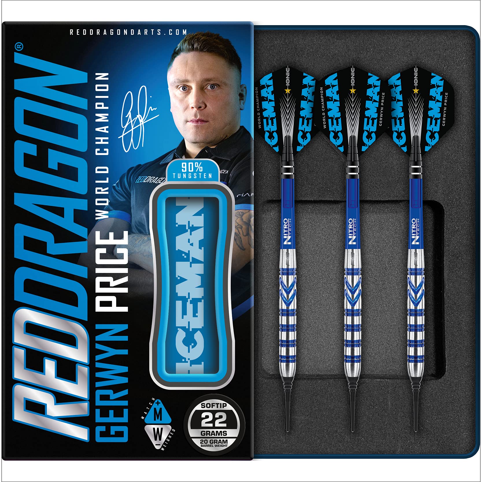 RED DRAGON Gerwyn Price Blue Iceman Originals - 20g Barrel Weight, 22g Total Weight Softip Tungsten Darts Set with Flights and Shafts