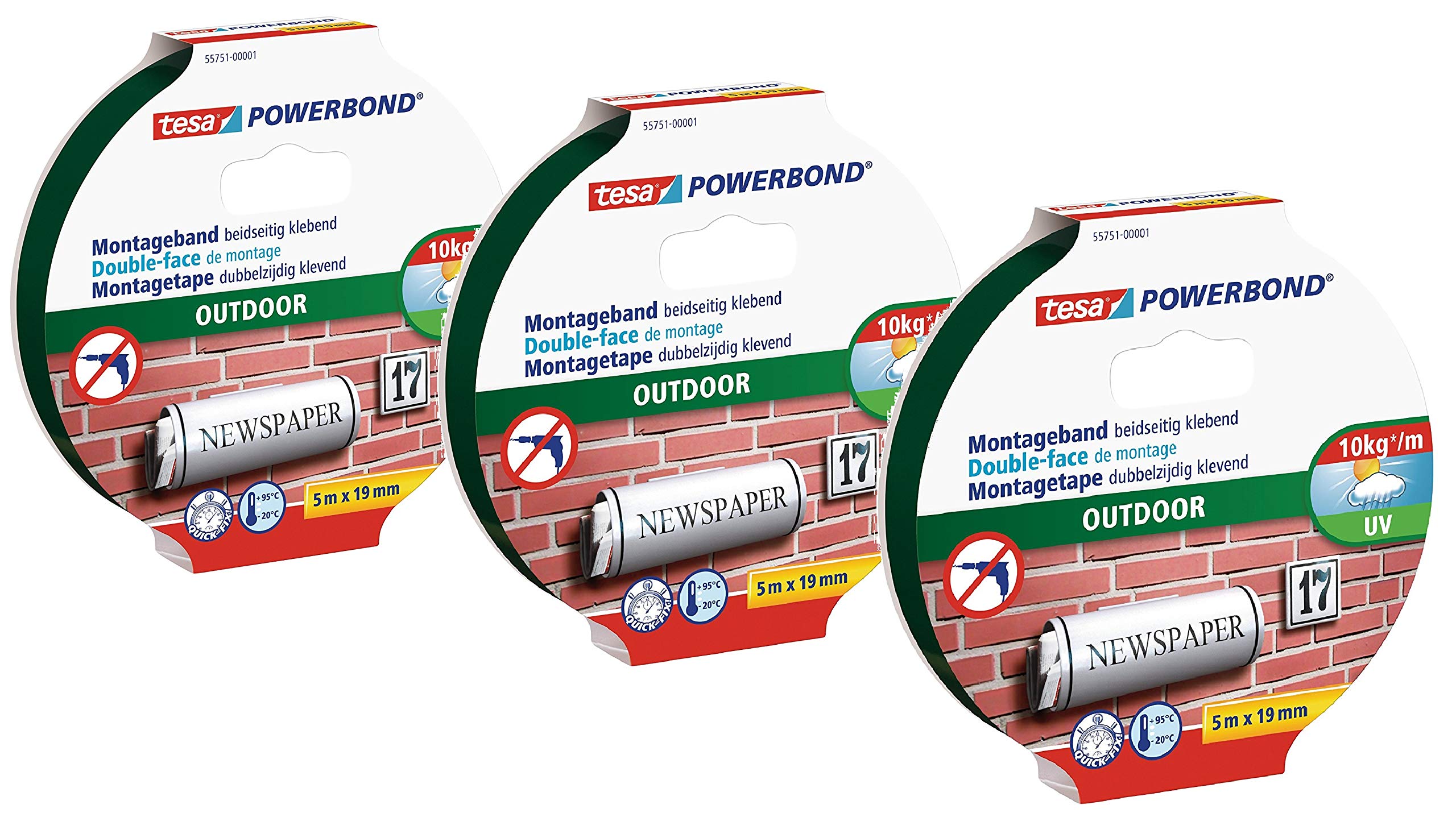 tesa Powerbond double-sided mounting tape for outdoor use, 3 x 5 m (5 m: 19 mm).
