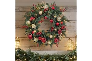 SUNNYPARK 28’’ Pre-Lit Artificial Christmas Wreath, Battery Operated 35 LED Lights with Faux Greenery, Pine Cones, Berries for Front Door, Xmas Wreath for Holiday Christmas Home Decorations