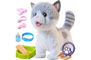 OR OR TU Walking Toy Cat with Remote Control Leash, Plush Cat Electronic Interactive Toys for Kids, Shake Tail, Licking, Pret