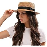 MILAKOO Flat Top Hat Boater Cap for Women Beach Straw Sun Protection Bucket Hat Fine Braid Foldable