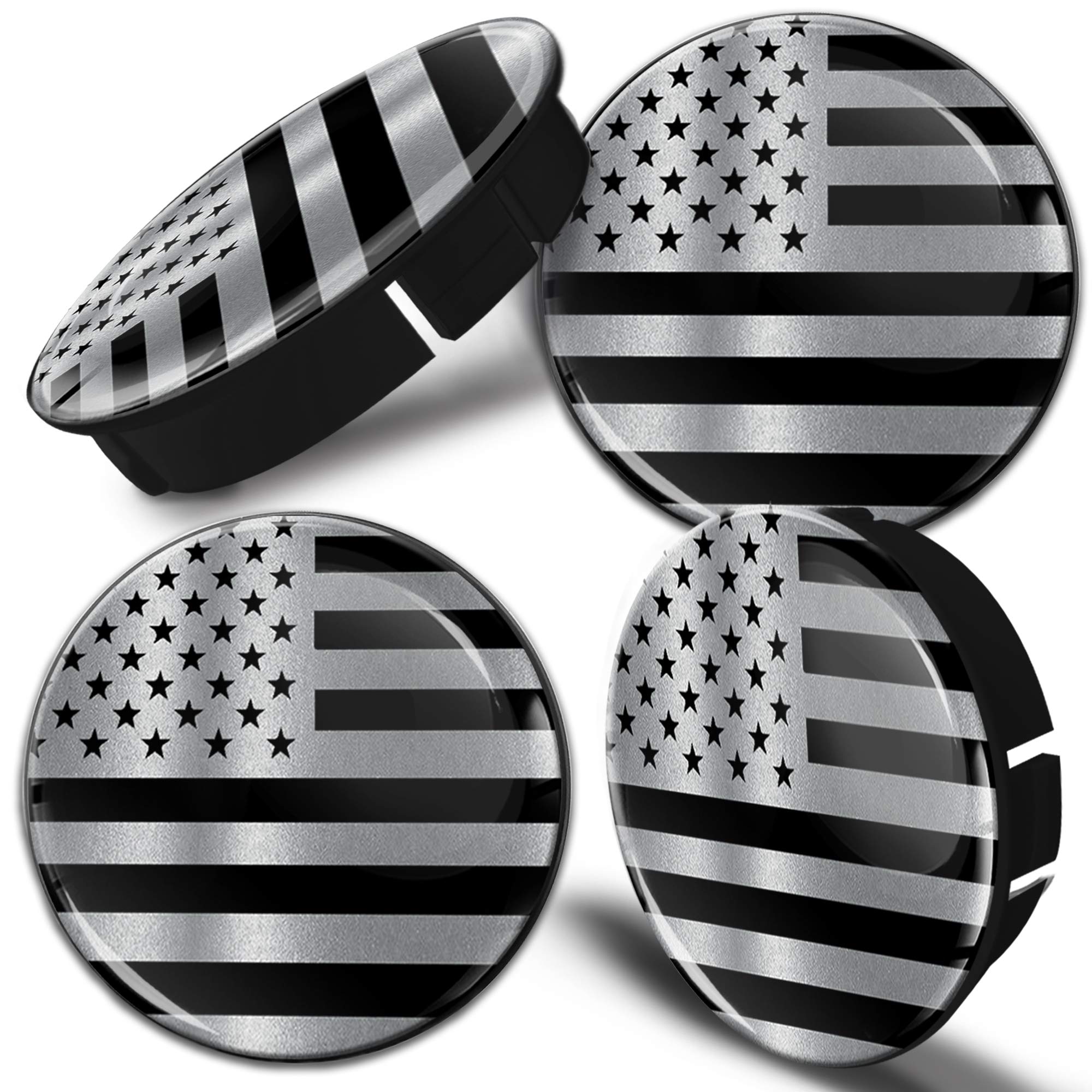 Biomar Labs 4 x 60 mm 3D Universal Wheel Hub Centre Caps USA United States American Star National Flag Silver Black Center Rims C 109