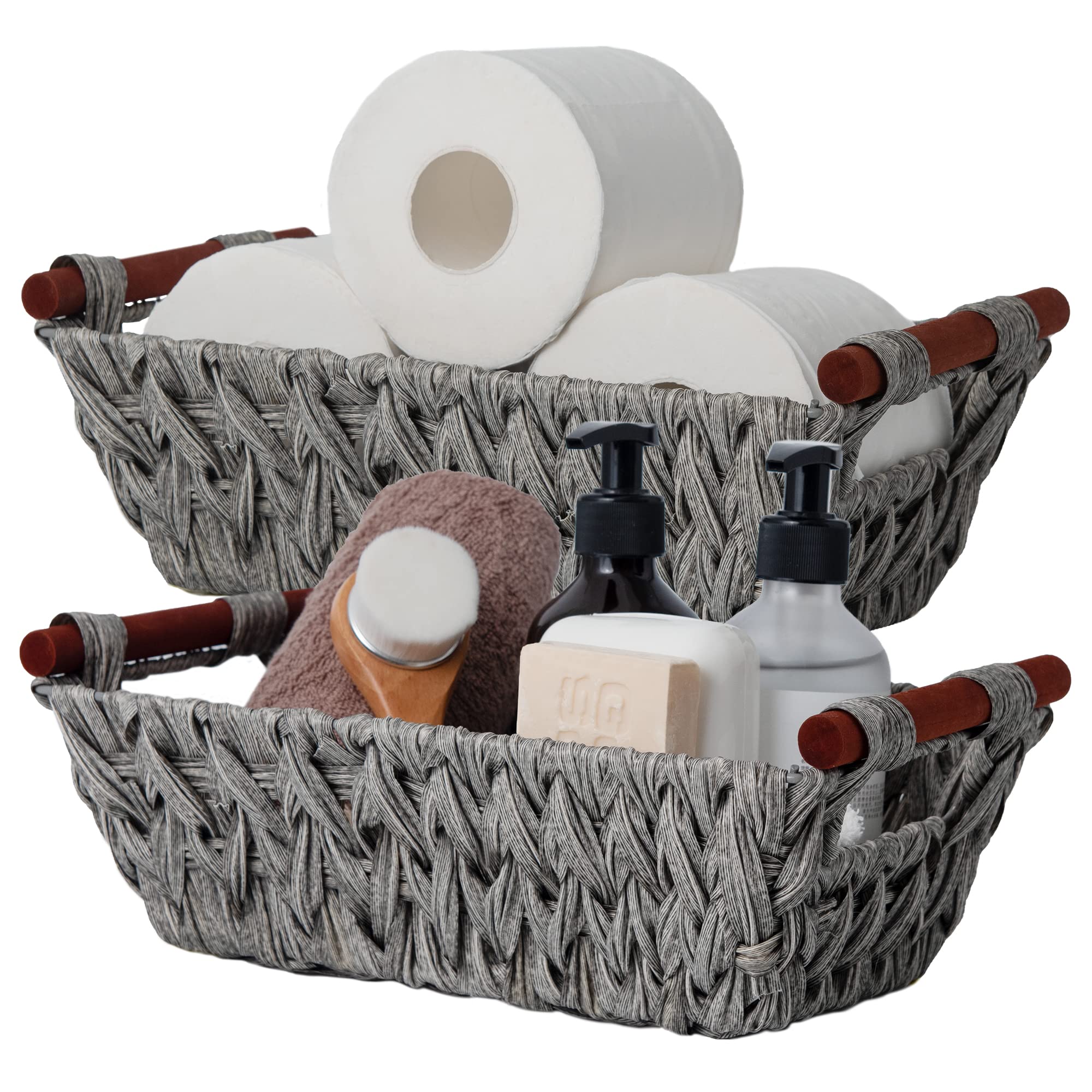 GRANNY SAYS Wicker Storage Baskets for Shelves, Pack of 2 Shelf Storage Baskets Small, Handwoven Wicker Boxes with Handles for Bathroom Organising, Decorative for Entryway Bedroom, Grey