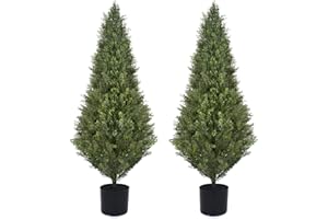 DECWIN 2 Pack 4ft Artificial Cedar Topiary Trees 48in UV Rated Potted Fake Cypress Trees Fake Cypress Pine Tree Heavy Duty Fake Plants Tree Artificial Shrubs Outdoor Indoor Decor