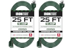 Iron Forge Cable 2 Pack Weatherproof 25 Ft Outdoor Extension Cord - 16/3 SJTW Heavy Duty Green Extension Cord 3 Prong - 13 Amp Exterior Power Cable