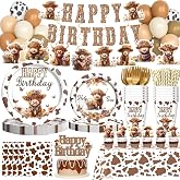 Hombae Highland Cow Birthday Decorations Set, 197 PCs - Floral Boho Cow Print Plates, Napkins, Banner, Tablecloth, Balloons, Cake Topper, Serves 24, Western Farm Animal Theme Party Supplies