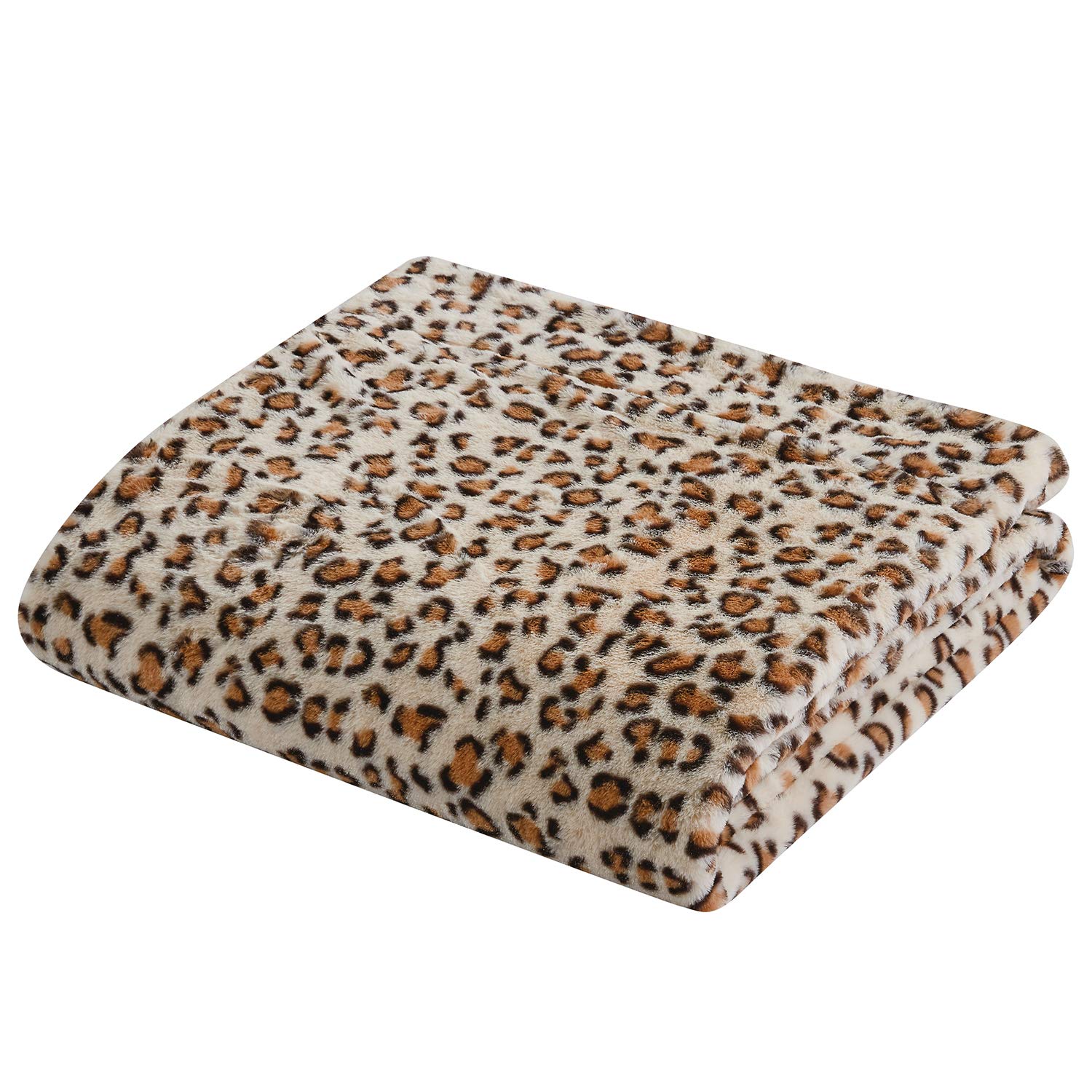 softan Faux Fur Bed Blanket in Leopard Print, Reversible Soft Fluffy Minky Fleece Throw Blanket, Machine Washable, Beige, 130cm×150cm