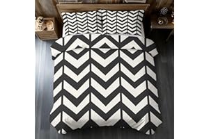 Zigzag Duvet Cover Queen Size, Black and White Chevron Bedding Set 3 pcs with 2 Pillow Covers, Abstract Geometric Bedroom Dec