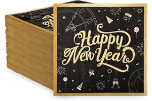 Peryiter 100 Pcs Happy New Year Napkins 2026 New Year's Eve Napkins 13 x 13 Inch Black Gold Paper 2 Ply Disposable for Cocktail Holiday Paper for Party Decoration(Plain)