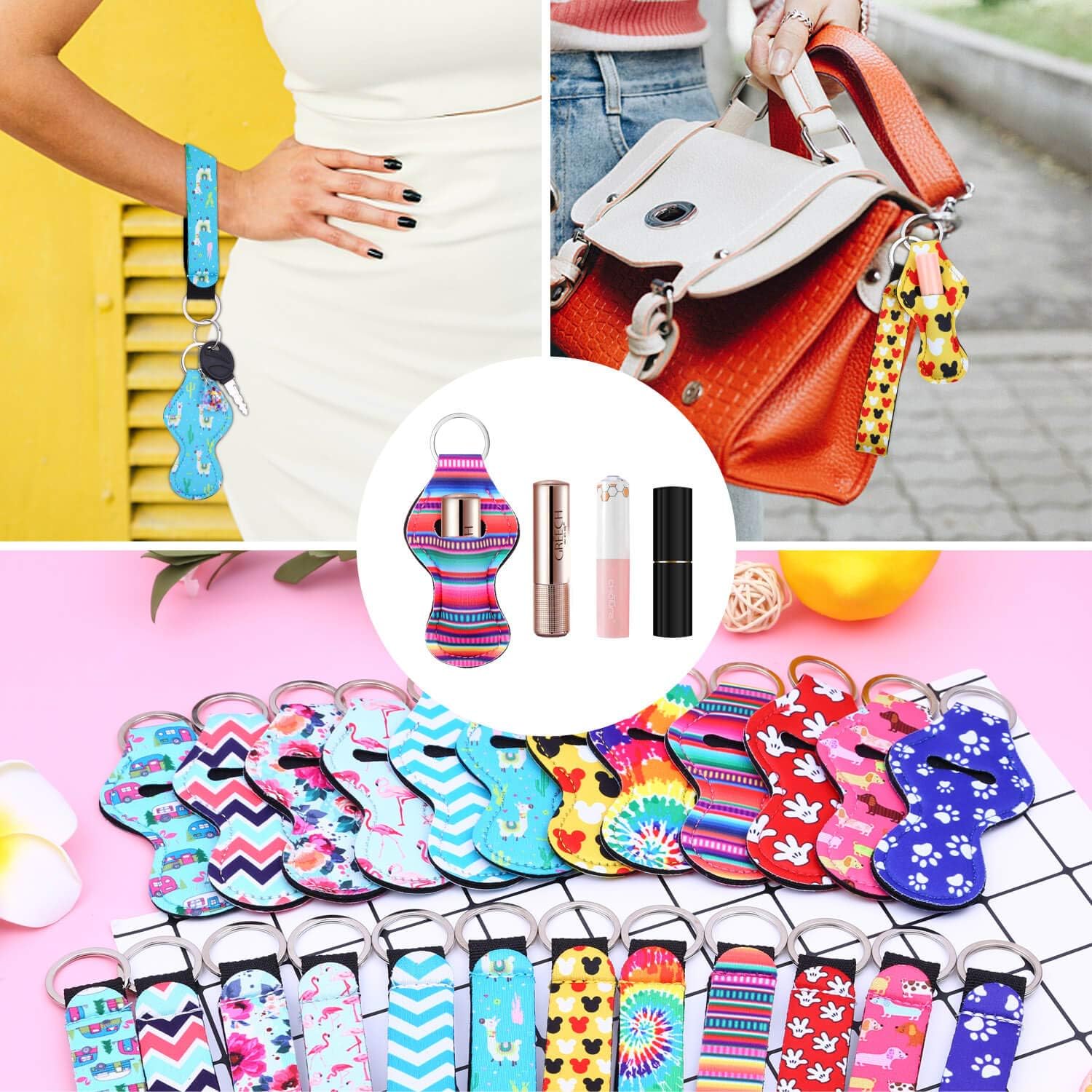 Shynek 24PCs Chapstick Holder Keychain with Wristlet Including 12PCs Lipstick Holder Keychain and 12PCs Neoprene Wristlet Keychain Lanyards, Portable Balm Holders Pouch for Girls Women