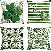 AVOIN colorlife ST Patricks Day Shamrock Stripes Green Throw Pillow Covers, 18 x 18 Inch Eucalyptus Leaves Good Luck Retro Tile-Style Clover Decoration for Sofa Couch Set of 4