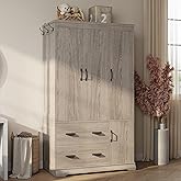 LIKIMIO Wardrobe Closet, 70" Tall 4 Doors Large Wooden Closet with 2 Drawers, 3 Shelves Bedroom Armoire with Hanging Rod, Freestanding Storage Cabinet for Hanging Clothes, Grey