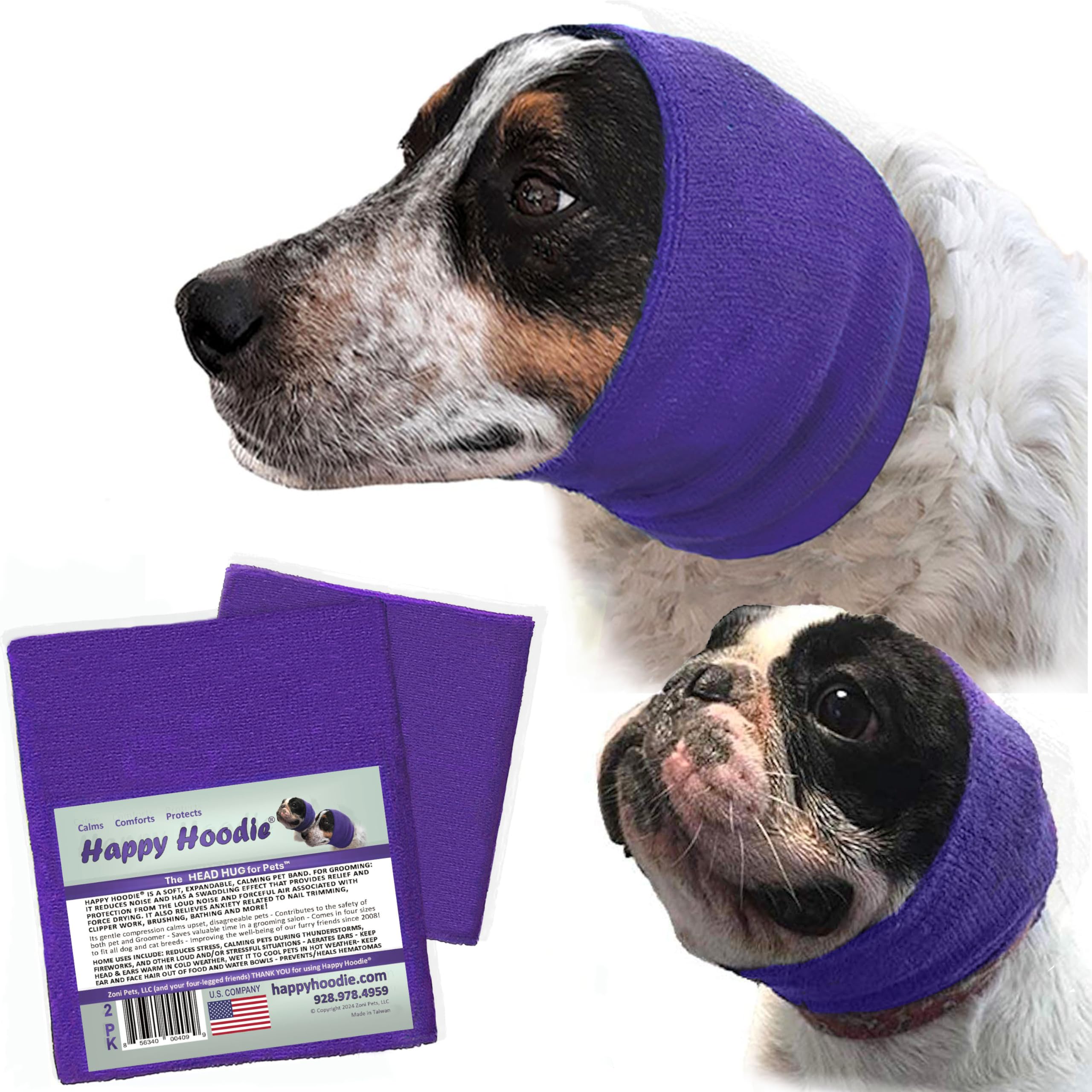 Photo 1 of Happy Hoodie The Original Dog & Cat Calming Band - American Brand - Anxiety Relief/Noise Protection-Grooming-Thunder-Fireworks 2 Pack Purple (1 Small, 1 Large) - Since 2008