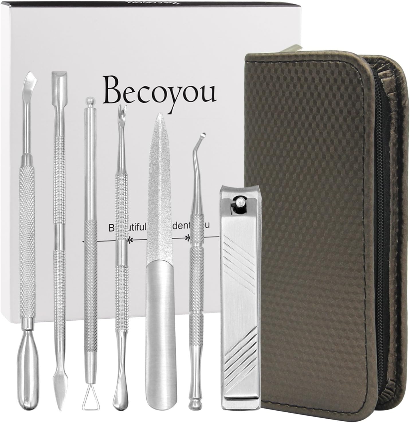 Manicure and Pedicure Tools Set, Becoyou 7 Pcs Cuticle Remover Nail Clipper Cuticle Pusher Cuticle Trimmer Cuticle Cutter Nail Files Stainless Steel Professional Nail Tools Kit with Storage Case