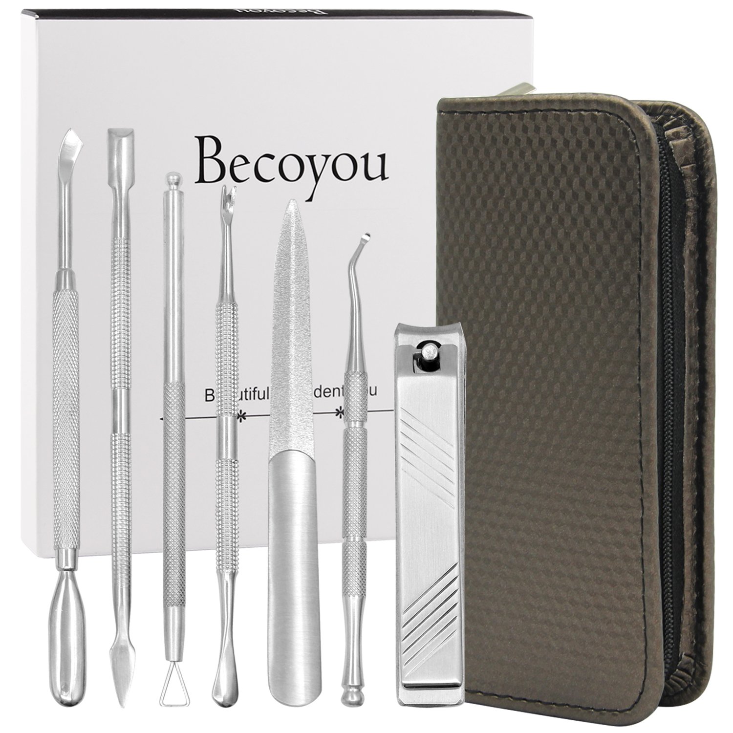 Manicure and Pedicure Tools Set, Becoyou 7 Pcs Cuticle Remover Nail Clipper Cuticle Pusher Cuticle Trimmer Cuticle Cutter Nail Files Stainless Steel Professional Nail Tools Kit with Storage Case