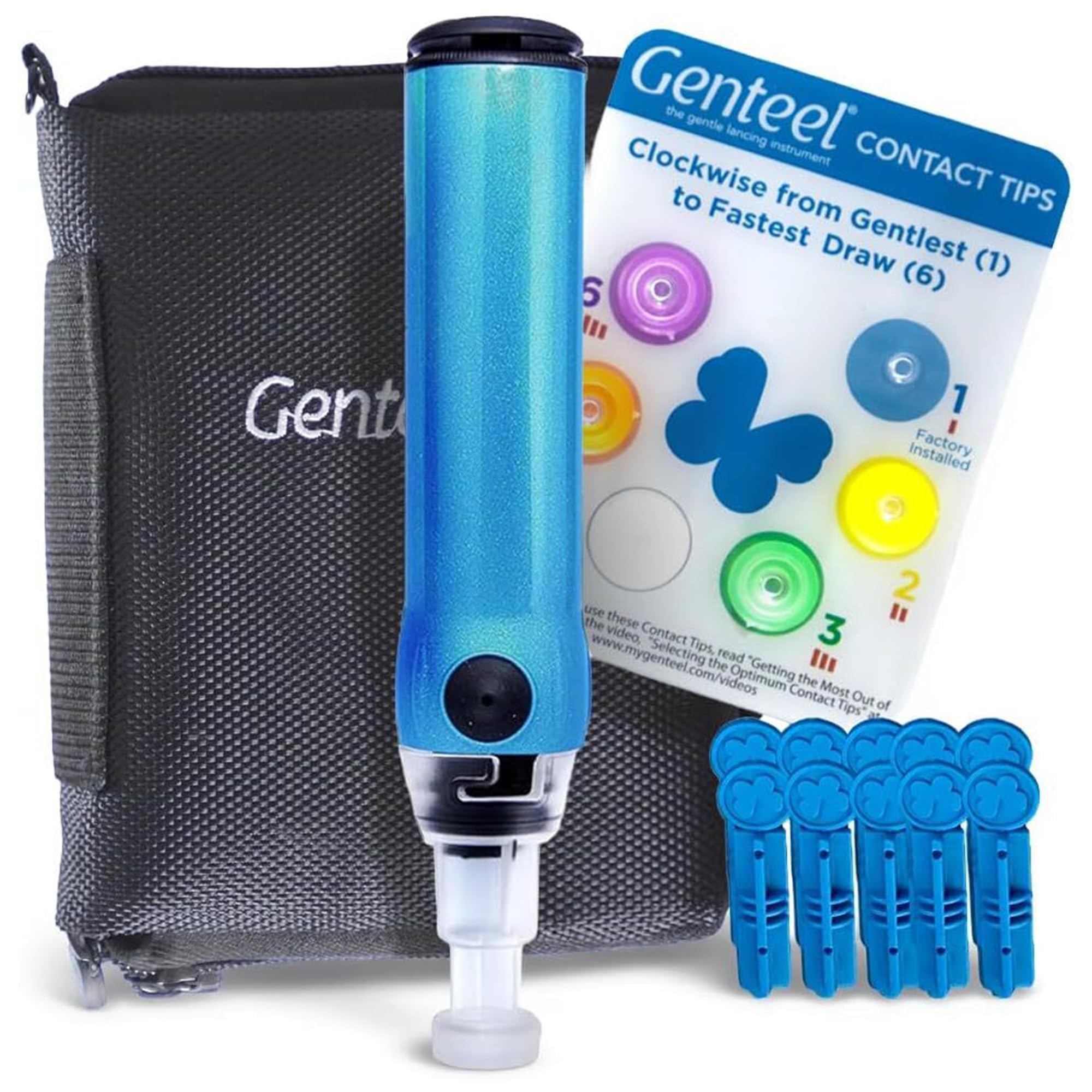 Genteel Plus Lancing Device – Blood Glucose and Ketone Testing with Vacuum Seal – Designed for Painless Checks (Butterfly Blue)