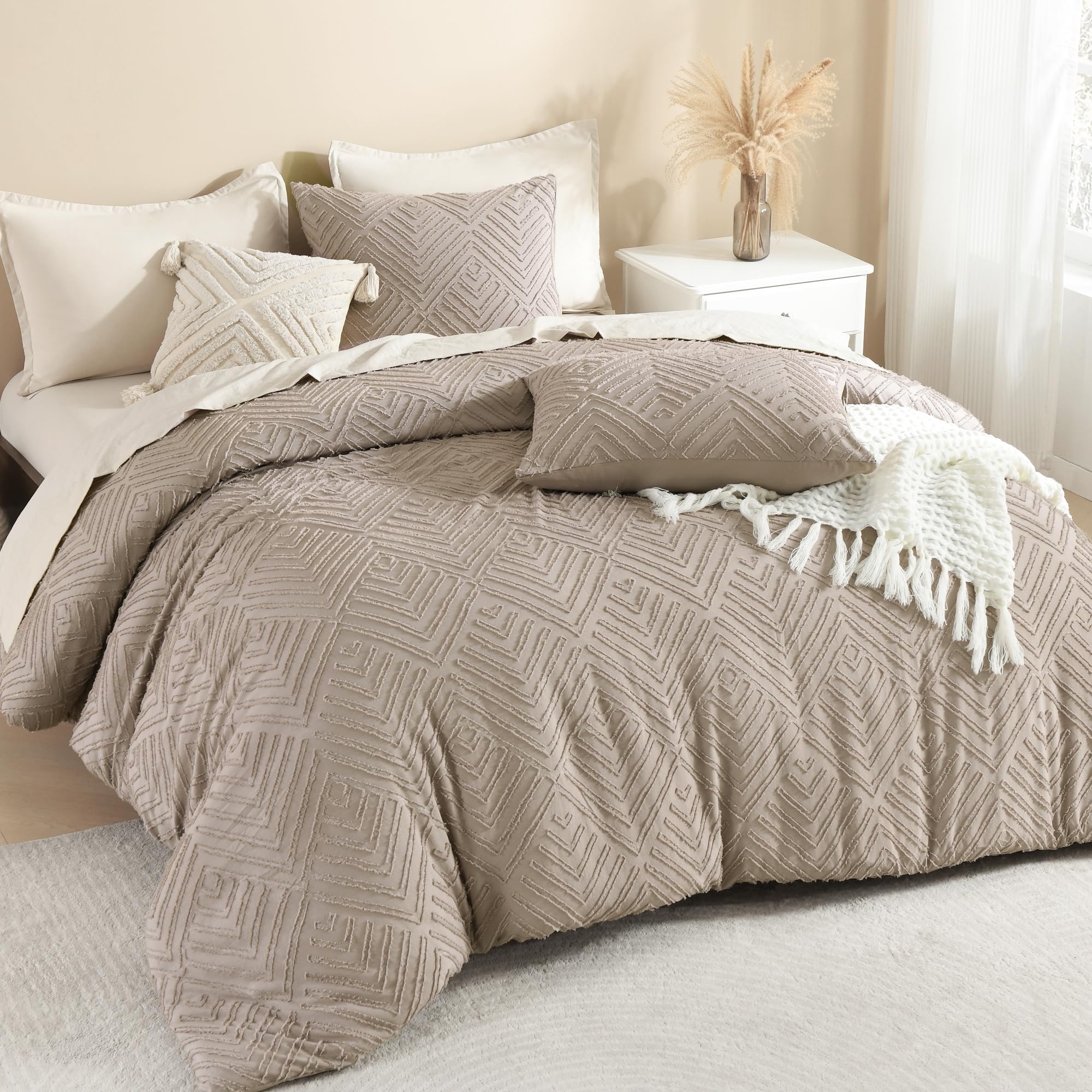 Photo 1 of Litanika Light Coffee King Size Comforter Set, 3 Pieces Tufted Boho Farmhouse Bedding Comforter Sets, Lightweight Fluffy Comforter Bed Set for All Season (104x90In Comforter and 2 Pillowcases)