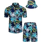 TUNEVUSE Mens Hawaiian Shirts and Shorts Set 2 Pieces Beach Outfits Flower Print Summer Tropical Suit with Bucket Hats