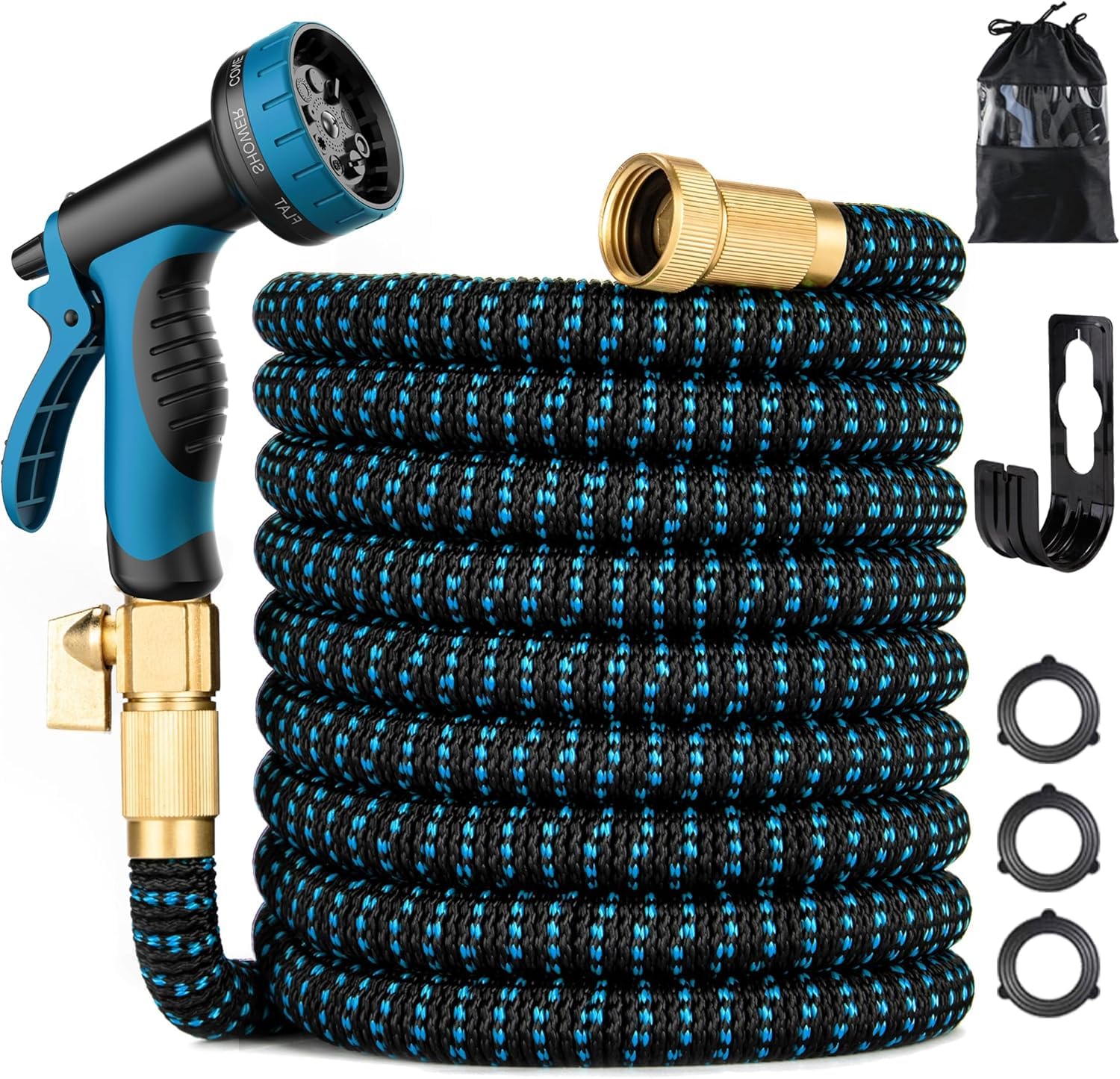 Photo 1 of 100 ft Expandable Garden Hose - Kink Free Flexible Water Hose 100ft with 10 Pattern Spray Nozzle, 3/4 Solid Brass Connectors, Retractable Latex Core - Lightweight Expanding Hose