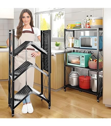 DEANIC 3 Tier Foldable Storage Shelves With Wheels, Kitchen Appliance Stand, Freestanding Metal Wire Shelf Rack, No Assembly Organizer Rolling Cart For Garage, Basement, Pantry (Black - View #5
