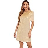 FEMI SEMI Women Puff Short Sleeve Sparkle Shift Dress Crewneck Sequin Shimmer Cocktail Party Dress
