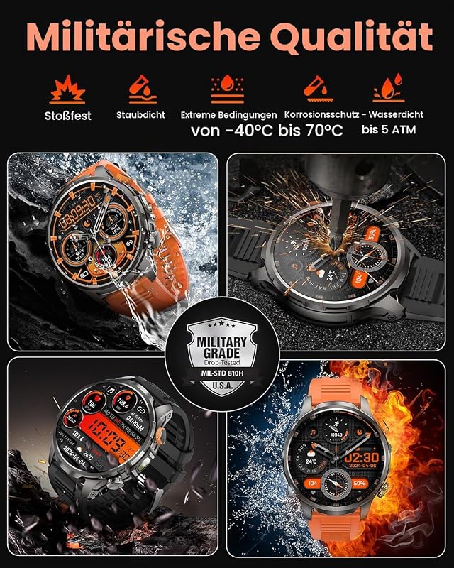 Smartwatch Herren Militär mit 1000mAh und LED Taschenlampen (Orange) — Foto 3 von 8