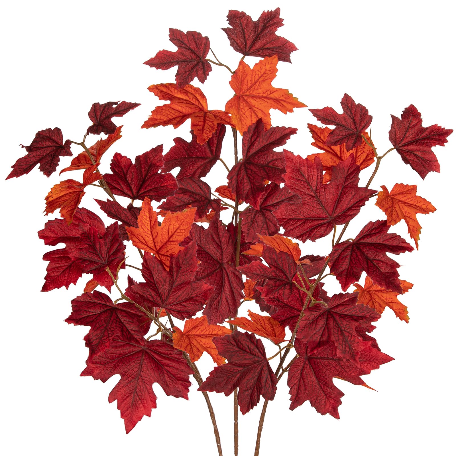 Photo 1 of Oairse Artificial Maple Leaves Branches 3 Pcs Mixed Corlor Fall Leaves Stems Fake Bushes Dark Red Maple Leaf Stems for Table Centerpieces Thanksgiving Festival Autumn Home Decor