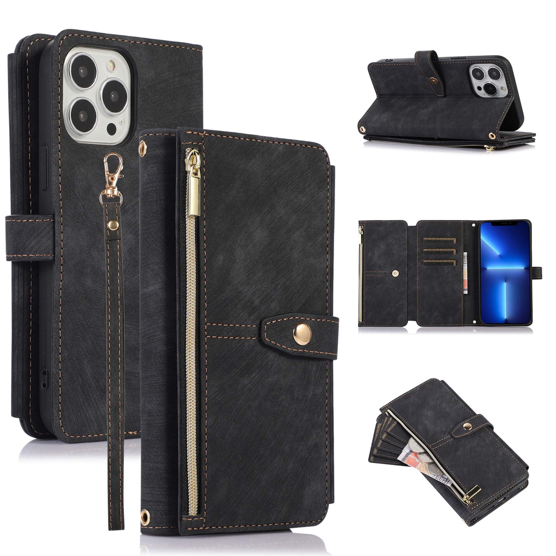 ZCDAYE Wallet Case for iPhone 14 Pro, Premium Leather Phone Case Women Ladies Holster with Card Slots Wrist Strap Zipper Flip Phone Cover for iPhone 14 Pro (6.1 inches), Black