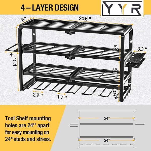 YYR 4 LAYER POWER TOOL ORGANIZER WALL MOUNT, CORDLESS DRILL HANGER STORAGE RACK, BATTERY TOOLS HOLDER WITH CHARGING STATION SHELF FOR GARAGE ORGANIZATION, WORKSHOP, PEGBOARD, SHED – 24 INCH 6 SLOTS