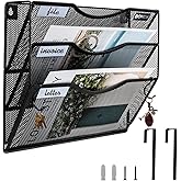 BOHDK Wall File Organizer, 3 Tire Hanging File Folder Mail Organizer, Vertical Mesh Metal Door/Wall Mount Hanging File Holder, Paper Document Magazine Rack with Hooks for Home Office Black