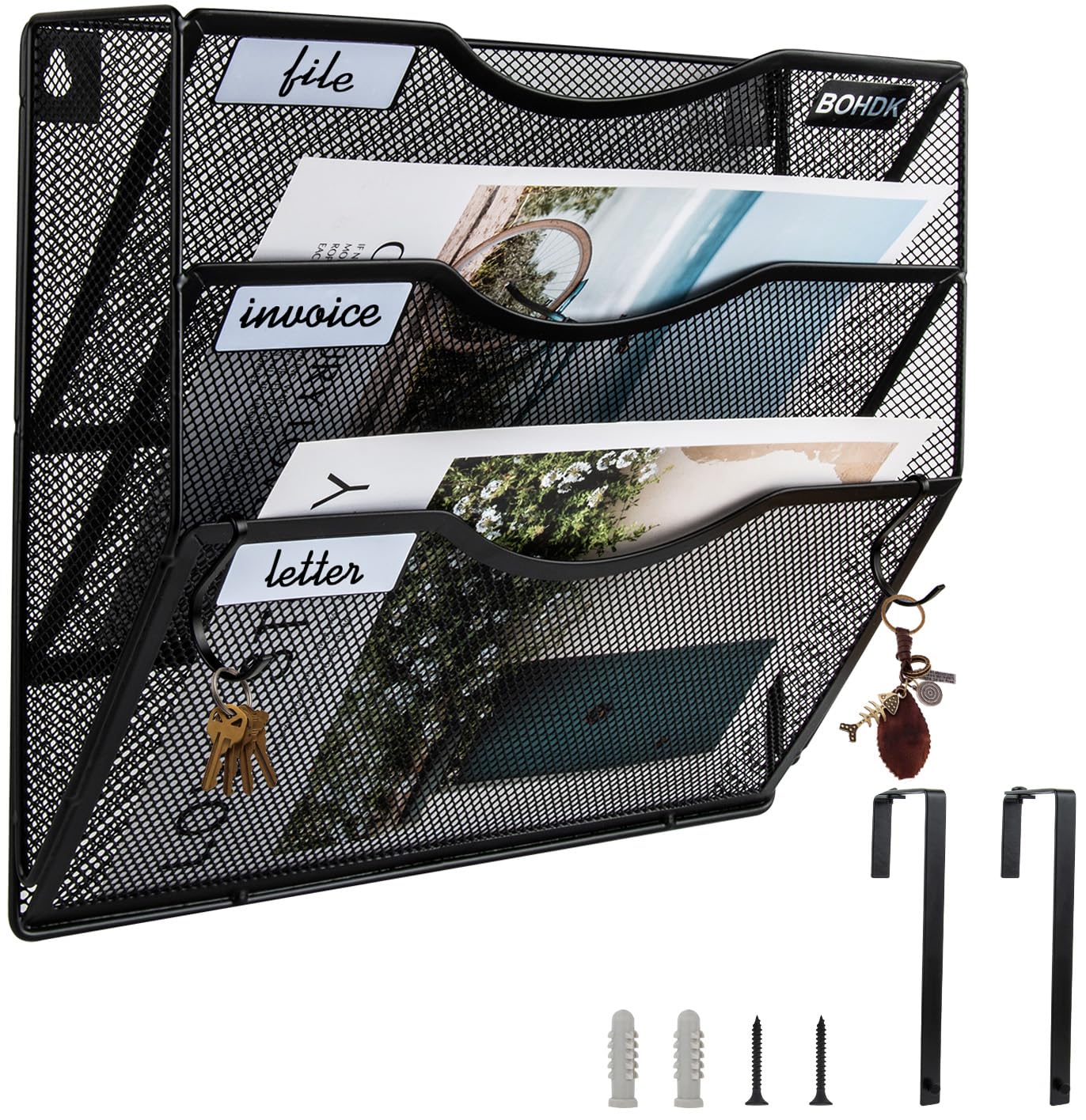 Photo 1 of Wall File Organizer, 3 Tire Hanging File Folder Mail Organizer, Vertical Mesh Metal Door/Wall Mount Hanging File Holder, Paper Document Magazine Rack with Hooks for Home Office Black