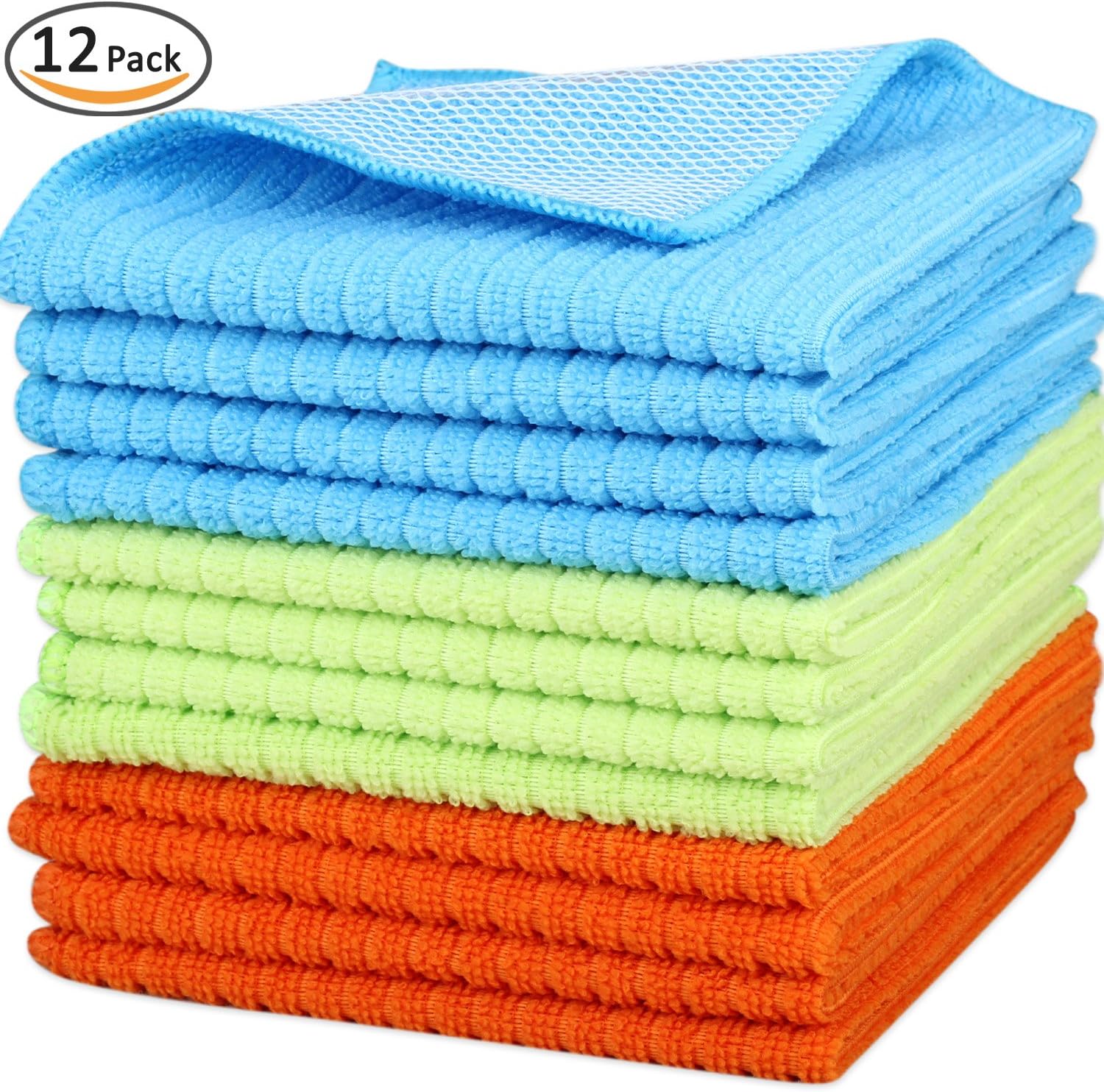 Kleanner SUPER PREMIUM Microfiber Kitchen Dish Cloth Towel With Mesh Scrubber,Size 12 x 12 Inch,Set of 12 Packs