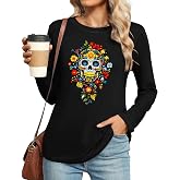 Day of The Dead Shirts Women: Dia De Los Muertos Graphic Tee Shirt Halloween Long Sleeve Tops