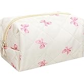 DOPENSPI Quilted Makeup Bag, Cute Makeup Bag Quilted Cosmetic Bags Travel Make Up Pouch with Zipper Large Travel Toiletry Bags Kawaii Pencil Pouch for Women Girls(Bow)
