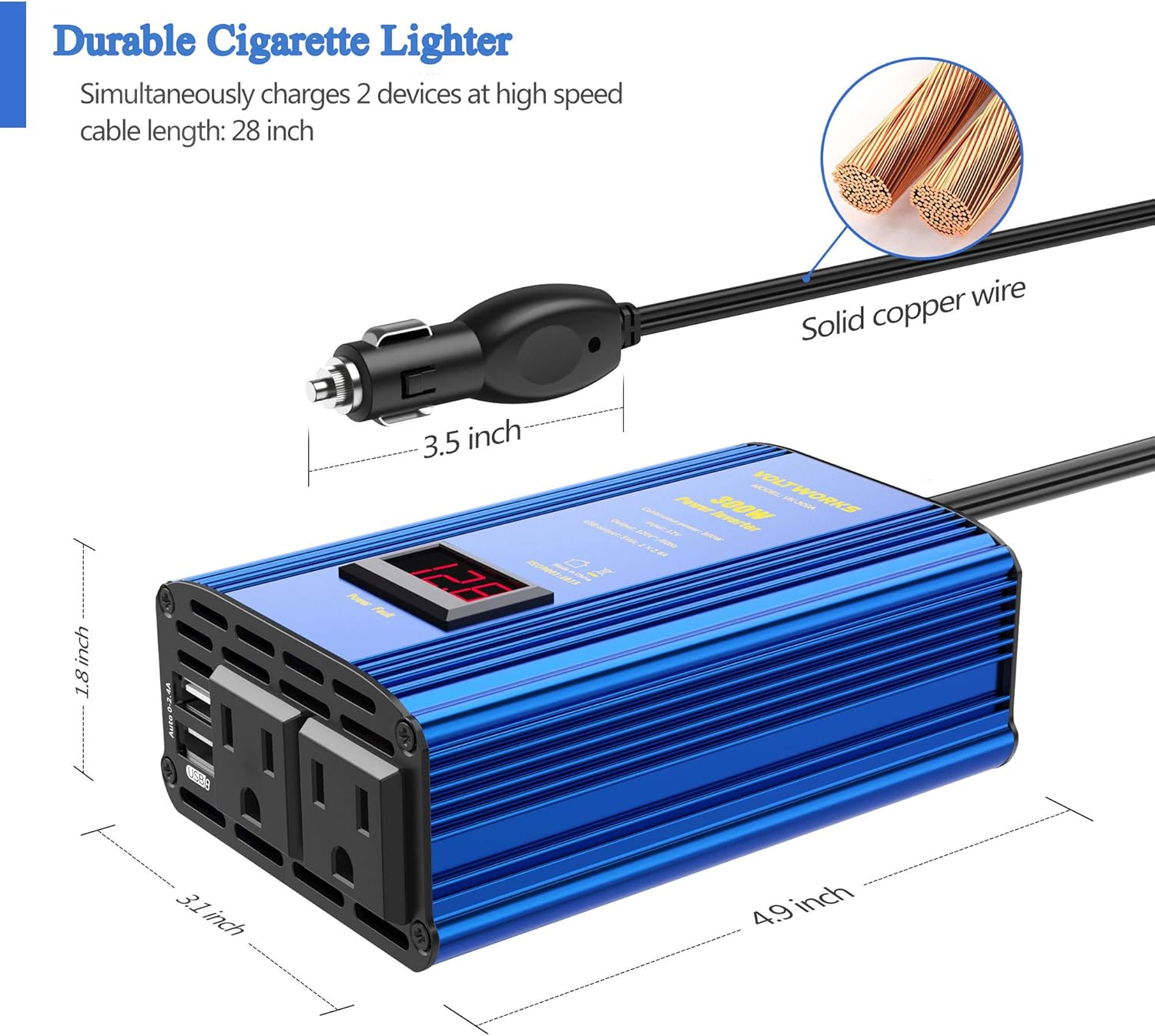 Power Inverter 300W Car Inverter DC 12V to 110V AC Converter with LED Voltage Display & 4.8A Dual USB Car Adapter Charger by VOLTWORKS: Electronics
