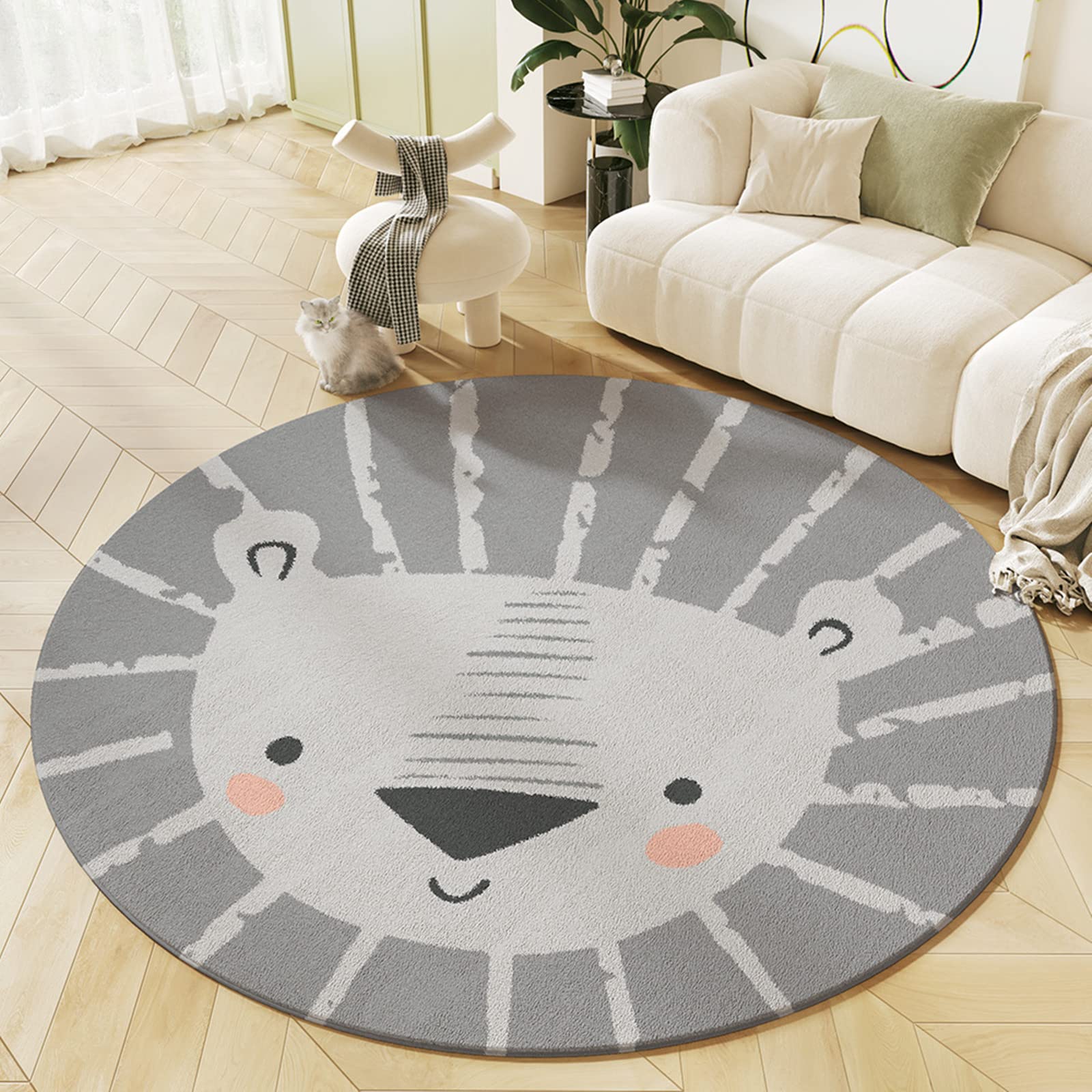 KiKom Cartoon Lion Round Carpet - Living Room & Bedroom Non-Slip Rug for Children - 1PC (Grey, 100 * 100cm)