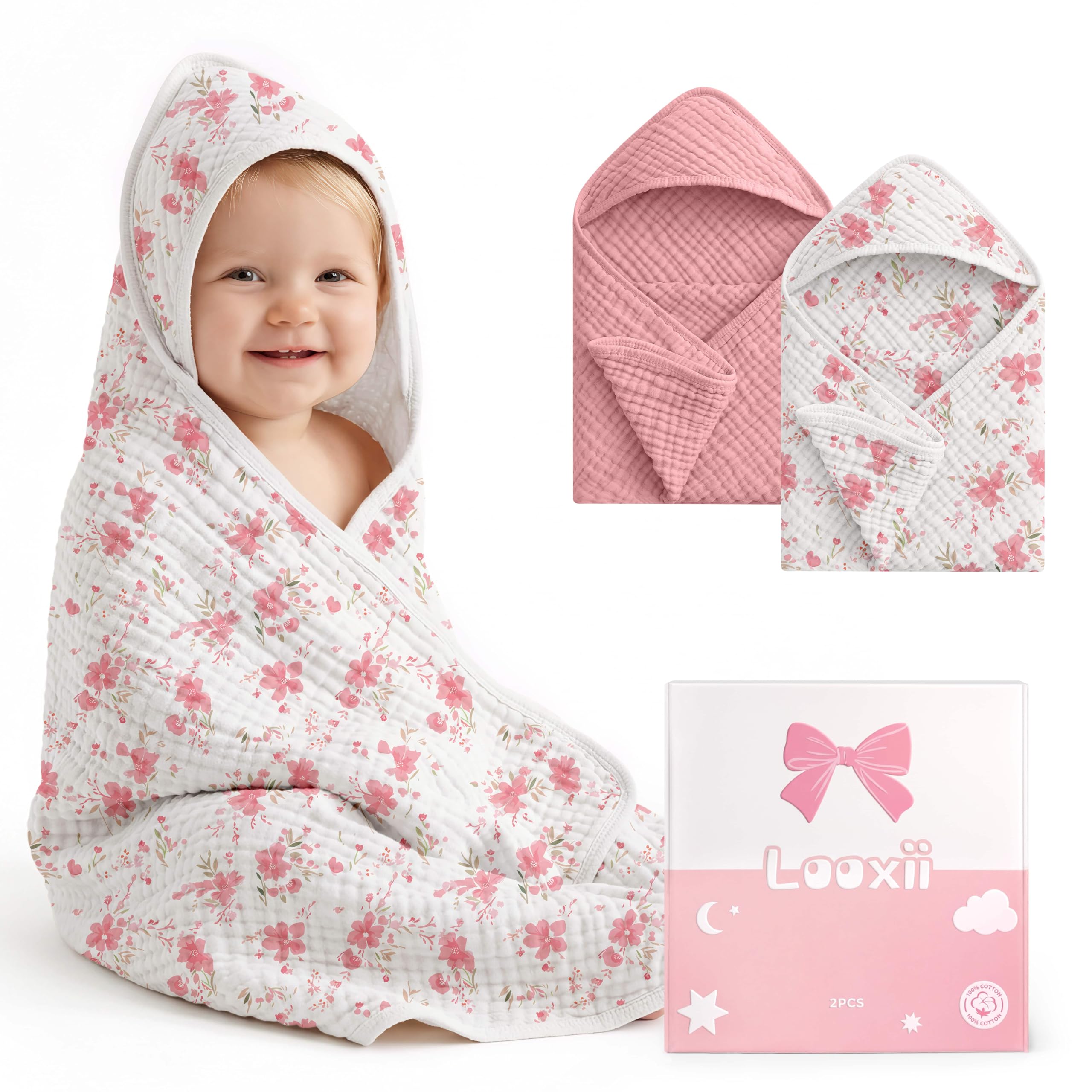 Photo 1 of ***MISSING 1***
Looxii Baby Bath Towels 2 Pack Muslin Hooded Baby Towels for Newborn and Infants, 100% Cotton, Large 32x32Inch, Soft and Absorbent Pink+Flowers