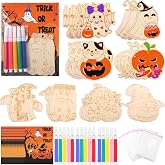 Saypacck 24 Sets Wooden Halloween Coloring Crafts Kits with Watercolor Pen | DIY Halloween Painting Arts and Crafts, Pumpkin, Cat, Ghost, Halloween Party Favor Stuffers, Color Your Own Blank Ornaments