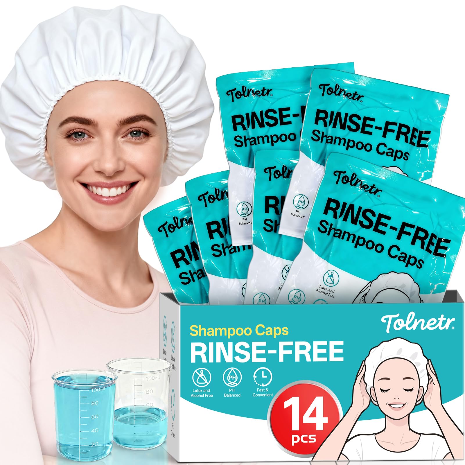 Photo 1 of 14 Pack Shampoo Caps No Need Rinse,Shampoo Caps for Bedridden Patients Elderly with 2 Cups,Fresh-Lather Rinse Free Hair Washing Caps for Hospital,Post-Surgery,Camping,Travel-Light,Need 130ML Water