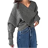 Floerns Women's Dolman Sleeve Sweater Wrap Front V Neck Knitted Pullover Tops