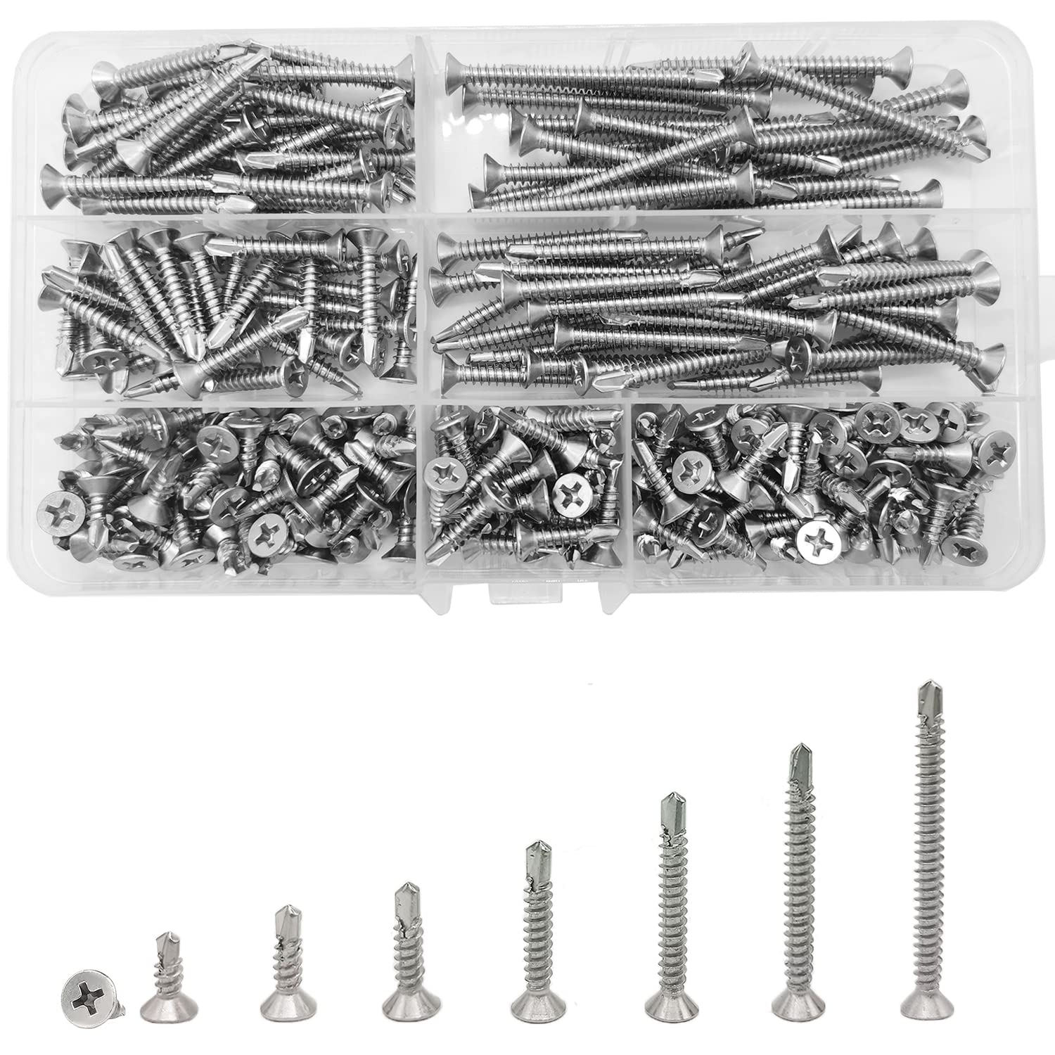WeqeYent 260 Pcs M4.2 Self Drilling Screws, Stainless Steel Flat head Self Tapping Screws for Metal, 13/16/19/25/32/38/50mm Roofing Screws Assortment Kit — image 1