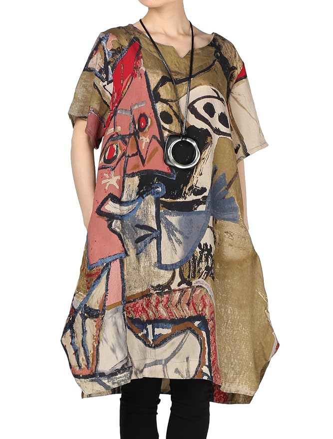 Vogstyle Damen Sommer Tunika Shirt Bluse Print Baggy Kleid mit Taschen