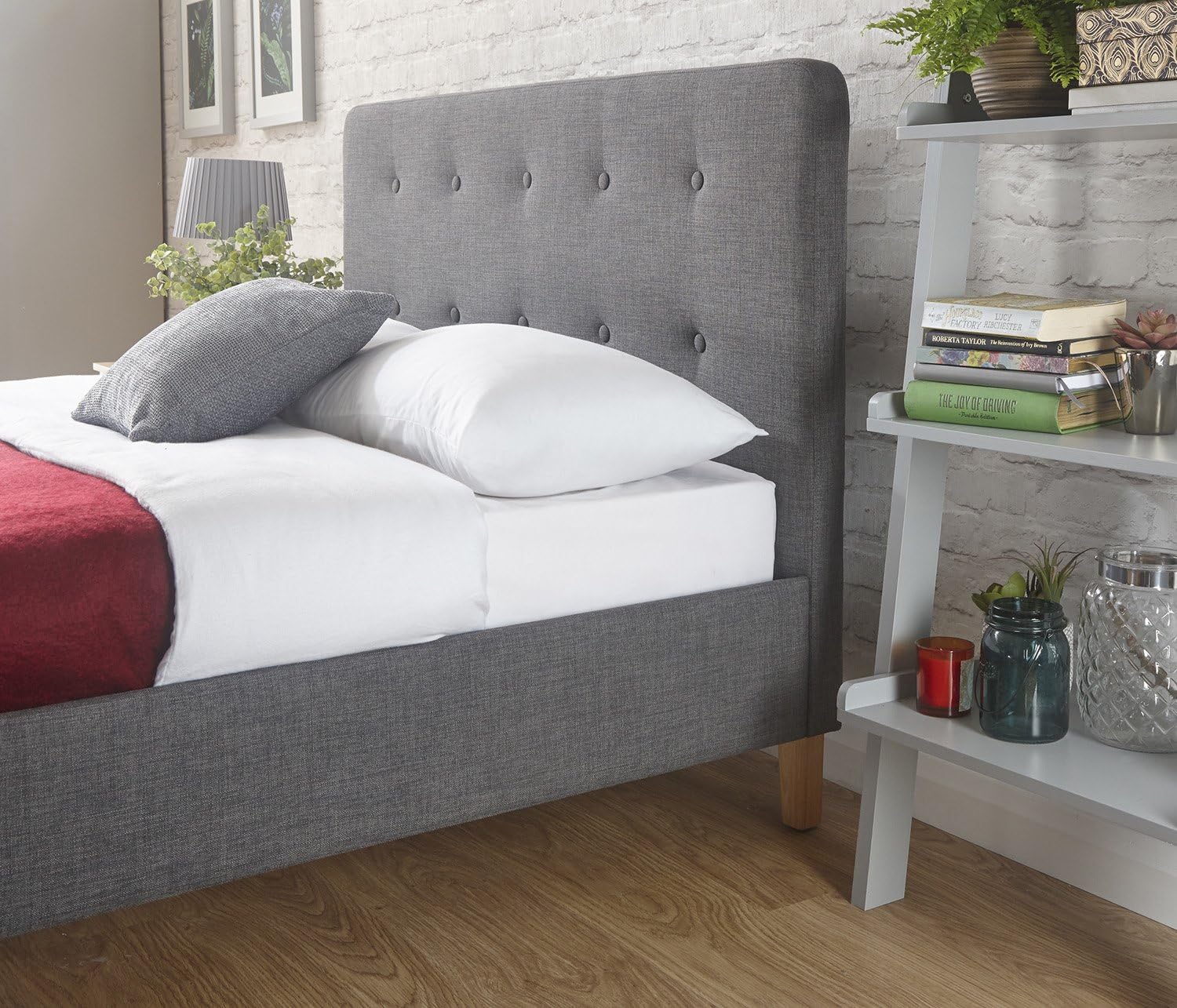 Home Source - Modern High Headboard Buttoned Grey Fabric Light Oak Effect Leg Double 4ft 6 Bed - Image 4
