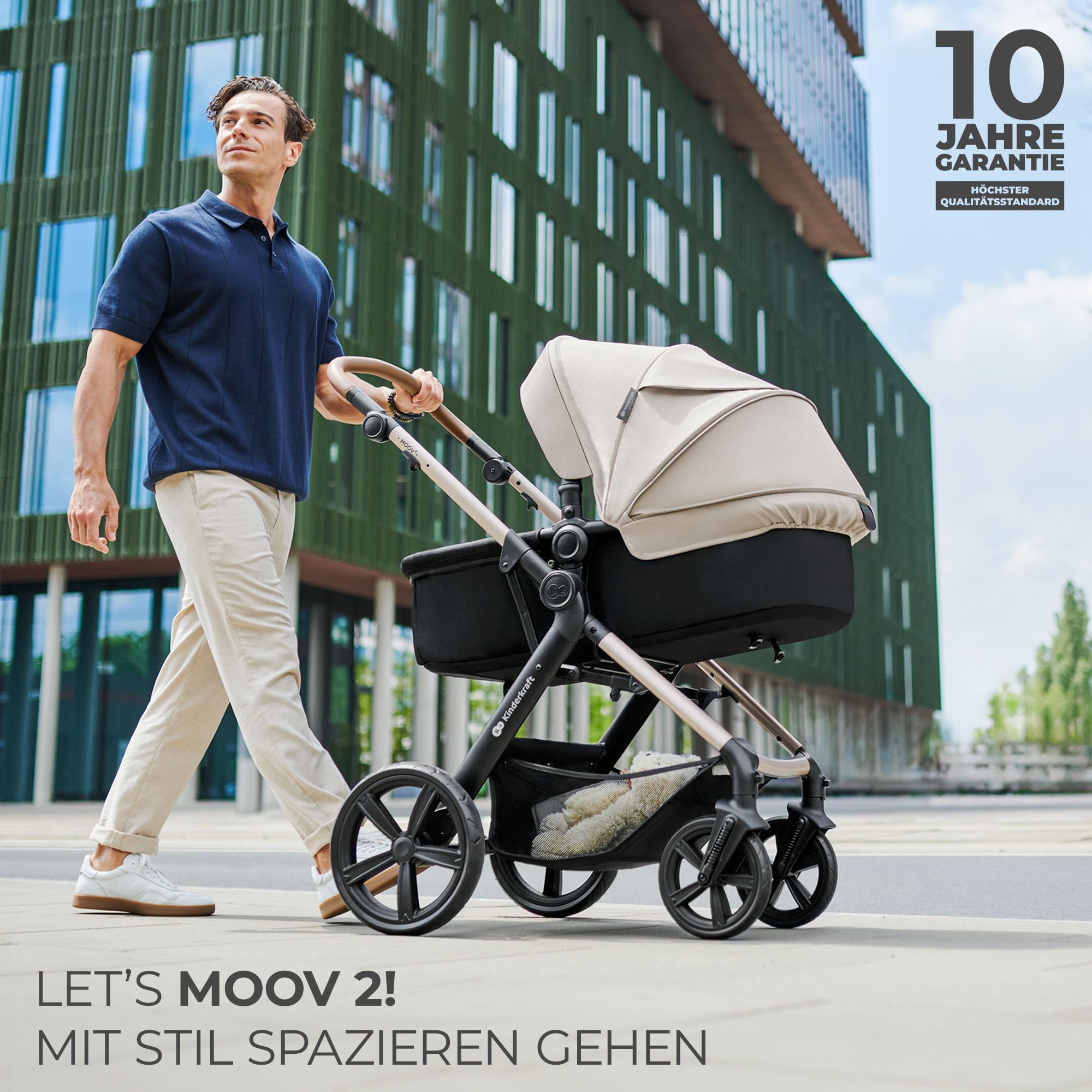 Kinderkraft MOOV 2 Kinderwagen 3 in 1 Kinderwagenset bis 22 kg mit Kindersitz I-SIZE 40-75 cm, Buggy Funktion, Liegeposition verstellbar, Große ausziehbare Verdeck, Eva-Schaum-Räder, Beige 2