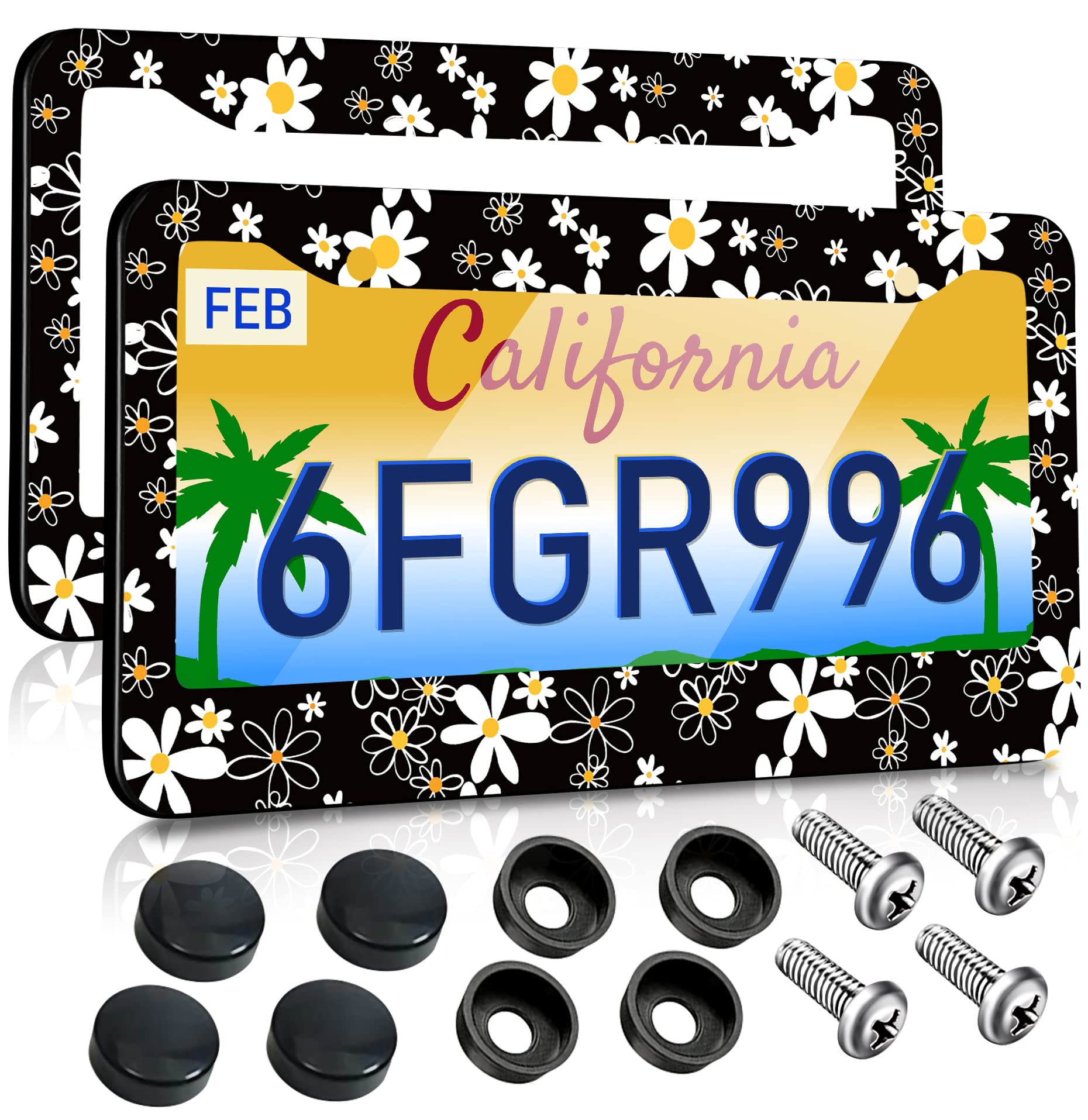 Photo 1 of Toykee License Plate Frames 2 Pack for Women Car Plate Holder Cover White Daisy Flower Metal Tag Frame Stainless Steel Car Front Rear Plate Decor
