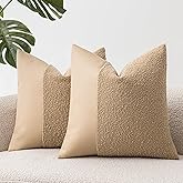 SINYASAN Set of 2 Fluffy Boucle Pillow Covers 18"x18", Khaki Textured Throw Pillow Covers with Faux Leather Accents, Boho Decorative Pillow Cases for Couch, Bed, or Farmhouse Home Decor