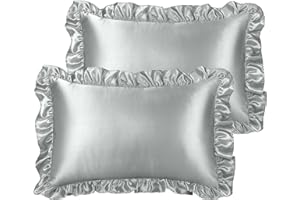 PiccoCasa Luxury Ruffled Pillow Shams Set of 2, Retro Silky Pillow Cover with Ruffle, 85 GSM Satin Pillowcases with Envelope Closure King Silver Grey