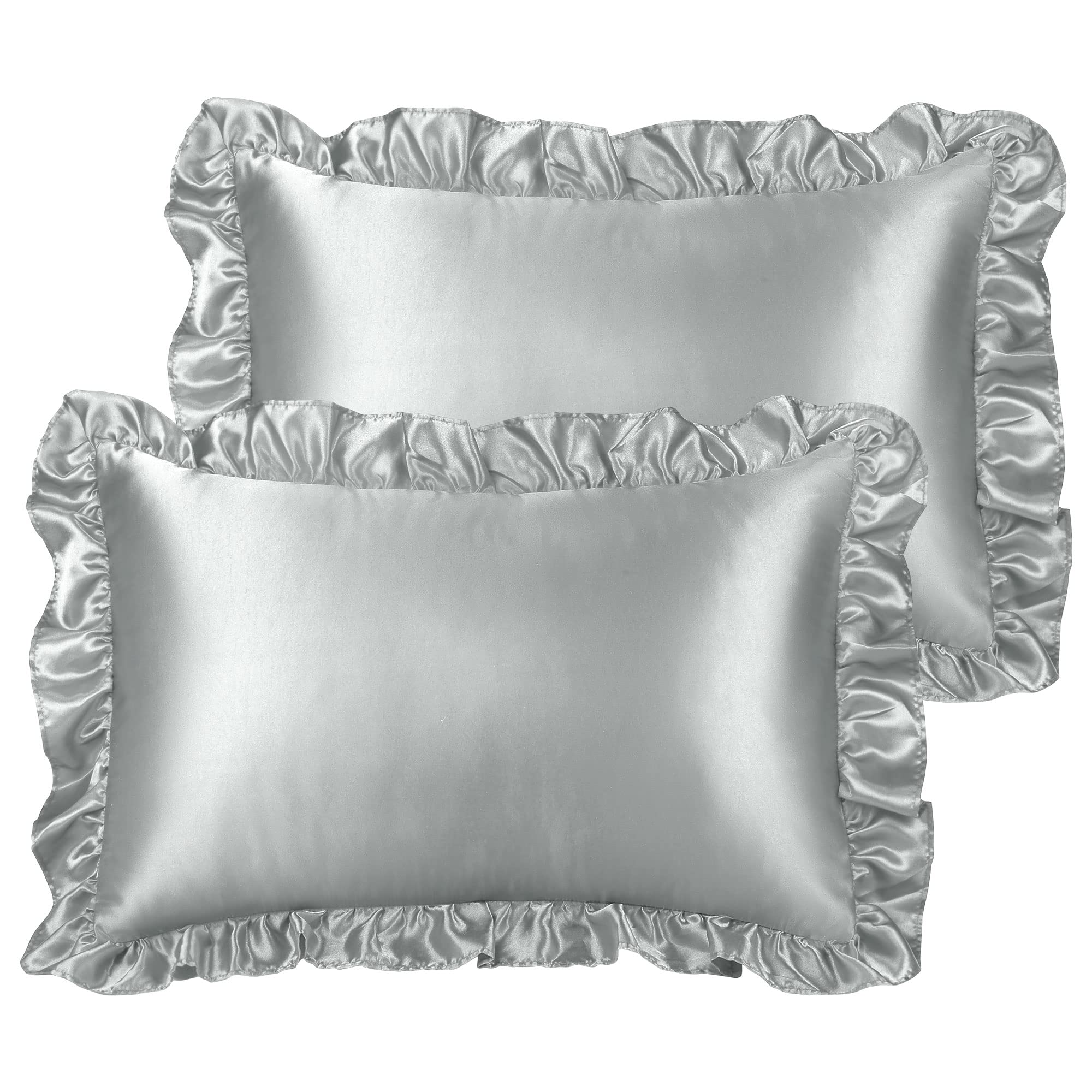 PiccoCasa Satin Pillowcases for Hair and Skin, Retro Silky Pillow Cover with Luxury Ruffle and Envelope Closure Satin Pillow Cases 2 Pack Silver Grey 50 x 75cm — image 1