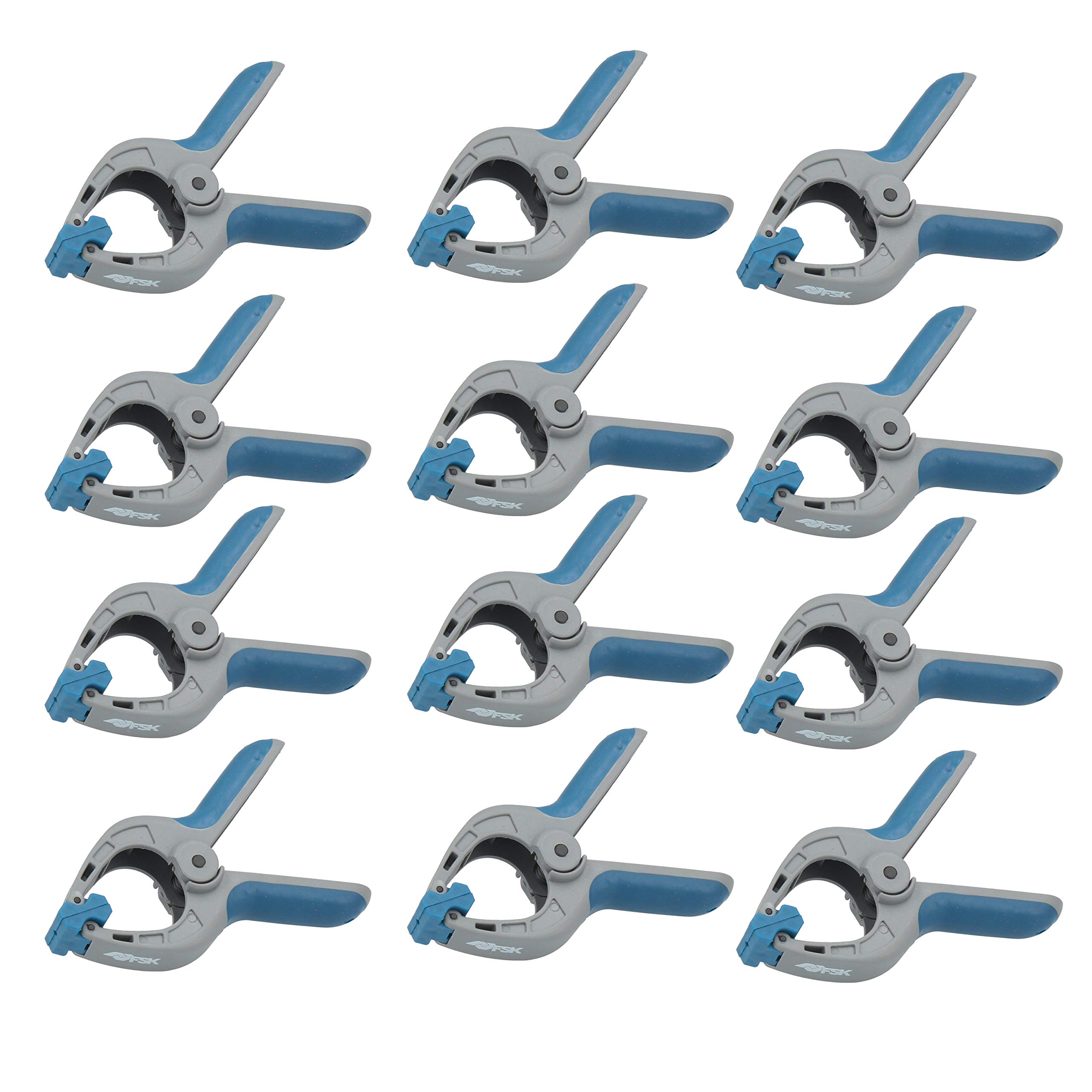 Ferrestock FSKPRS101 12pcs Spring Loaded Clamping Clamps, Non-Slip Handle, Swivel Jaws, Extra Strong Spring, Max Opening 39mm, Depth 40mm